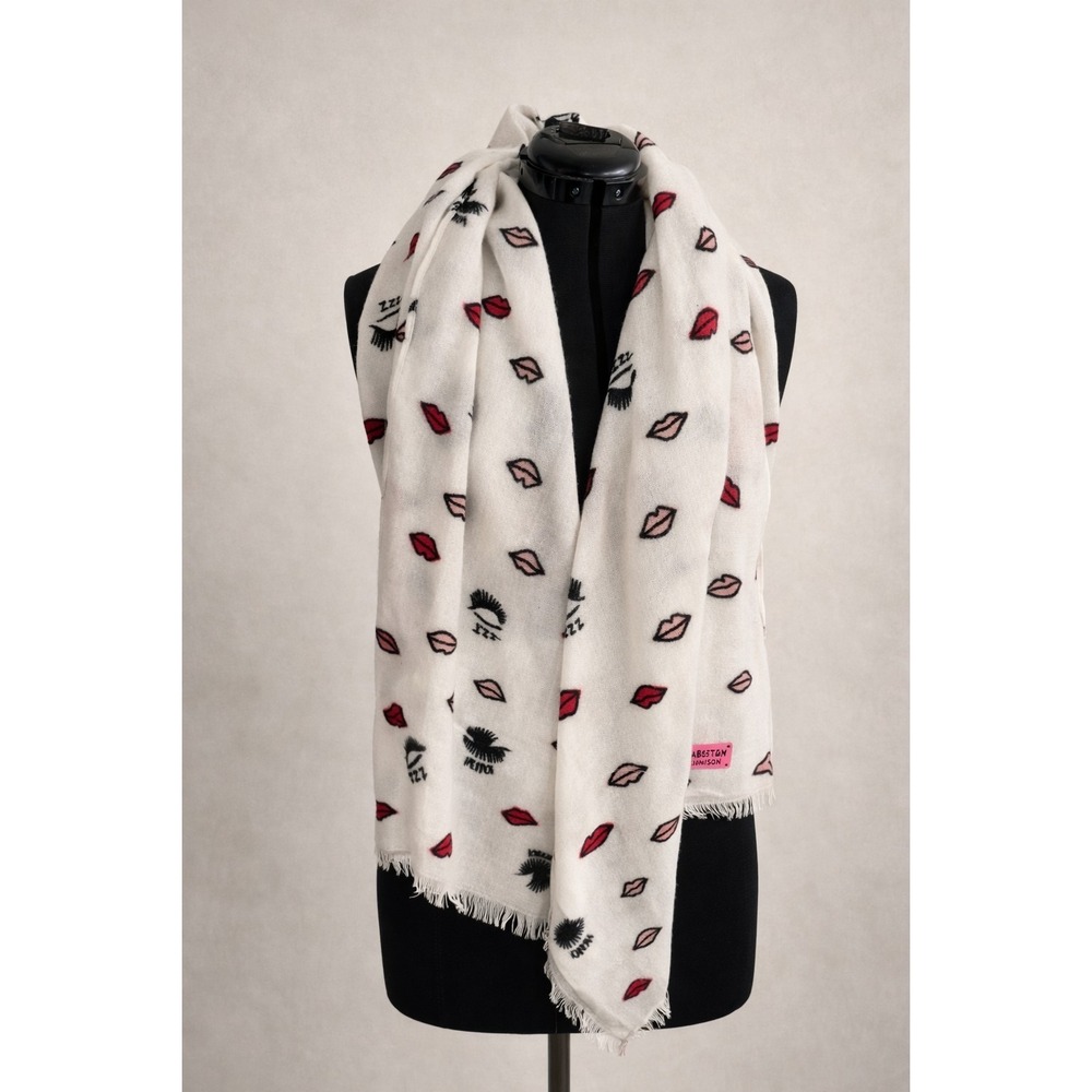 Betsey Johnson Lips Print Scarf Ivory Red Black Eyelashes Made in Italy
